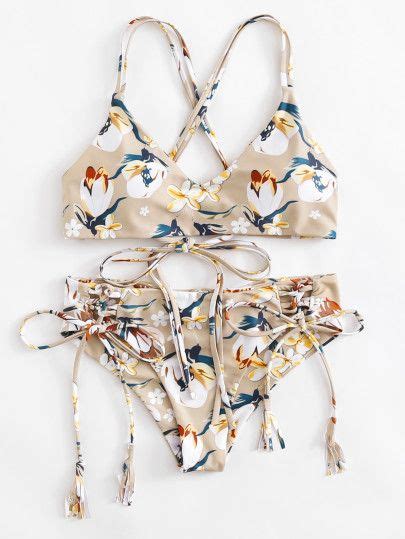 Shop Flower Print Lace Up Bikini Set Online Shein Offers Flower Print