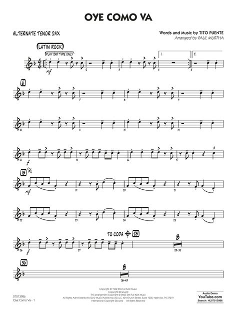 Oye Como Va Arr Paul Murtha Alternate Tenor Sax By Tito Puente Sheet Music For Jazz