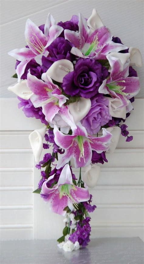 wedding bridal cascade wedding bouquet lily calla lily purple lavender white i love t… purple