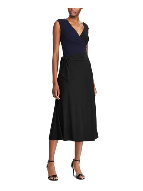 Ralph Lauren Womens Black Color Block Sleeveless Midi Wrap Dress Size