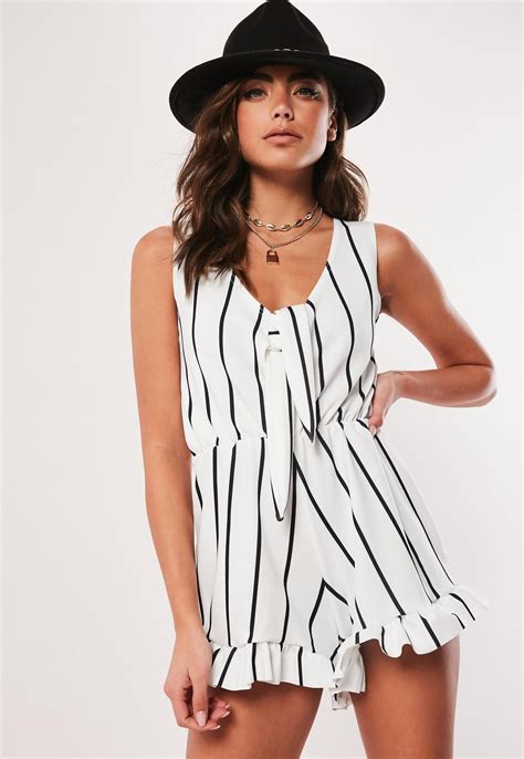 White Stripe Knot Frill Playsuit Missguided Playsuit Romper