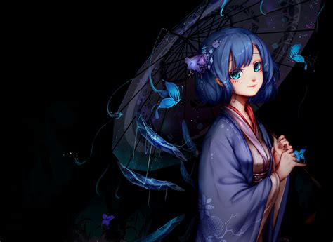 Wallpaper Anime Girls Blue Hair Blue Eyes Touhou Umbrella Kimono Cirno Darkness