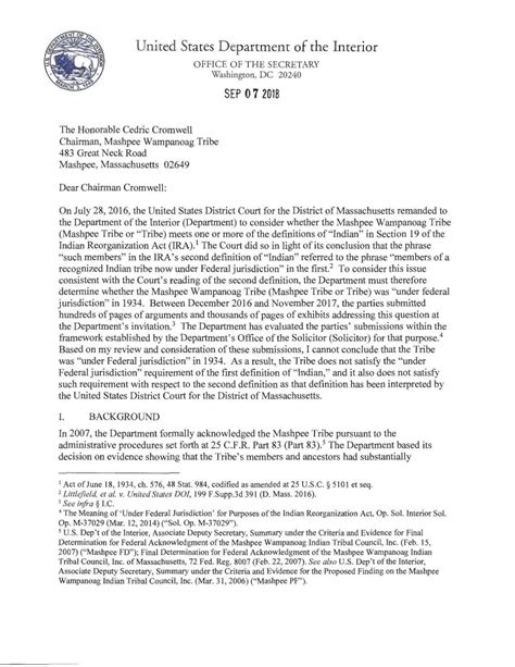 Us Department Of Interior Letter