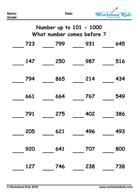 What Number Comes Before 1 To 20 100 500 1000 Free Printable Pdf
