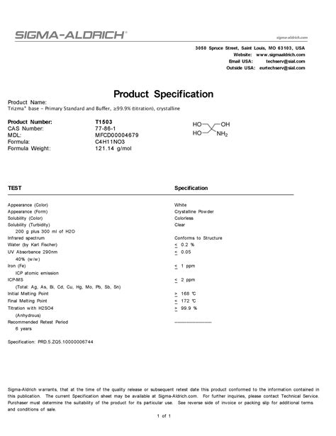 Sigma Aldrich T1503 Trizma® Base Primary Standard And Buffer Sigma