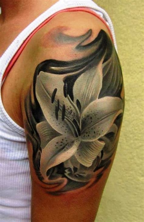 White and blue lily foot tattoo. 67+ Realistic Lily Tattoos With Meaning
