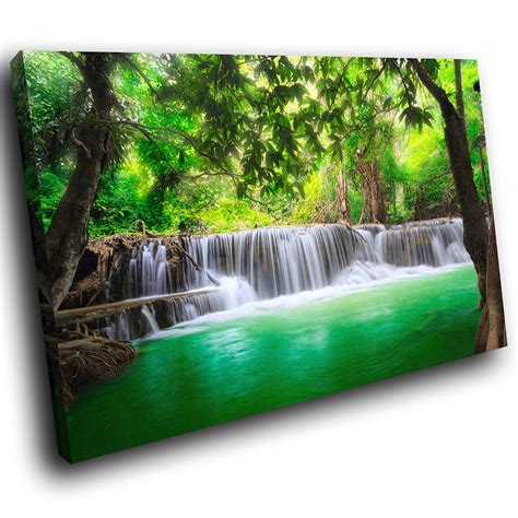 Green Waterfall Forest Nature Cool Scenic Canvas Wall Art Large Picture
