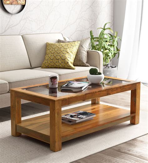 Buy Mckaine Solid Wood Coffee Table With Glass Top In Rustic Teak