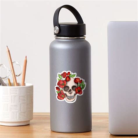Minimalistic Continuous Line Skull With Poppies Sticker For Sale By