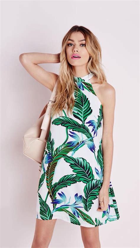White And Green Leaf Tree Palm Print Dress Tropical Print Dress Day