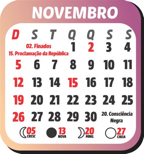 Calendário Novembro 2023 Com Feriados Nacionais E Fases Da Lua Em 2022
