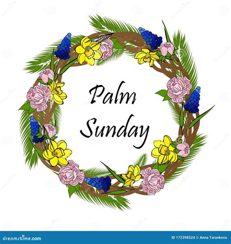 Spring Wreath Easter Decoration Sprigs Of Flowers And Palm Leaves