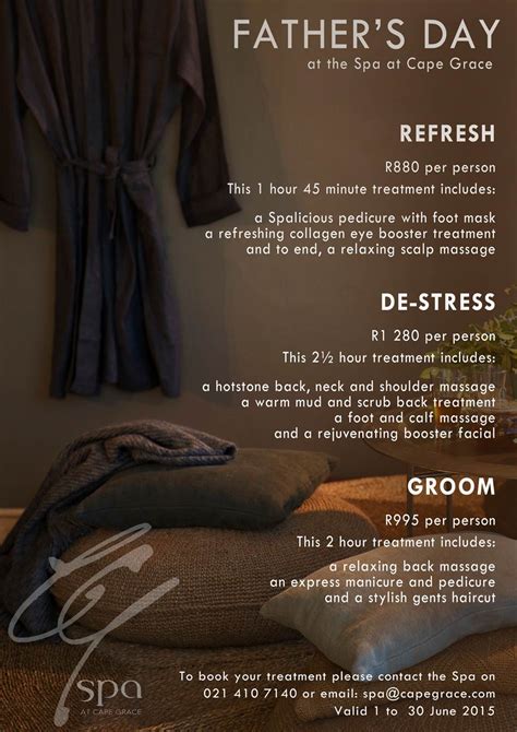 Before you even get a chance to pat yourself on the back for finding the perfect mother's day gift, it's time to start thinking about your dad. Spa Specials at Cape Grace for Father's Day