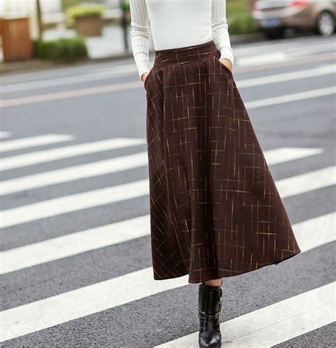 Womens Vintage High Waist Wool A Line Pleated Midi Winter Skirts With