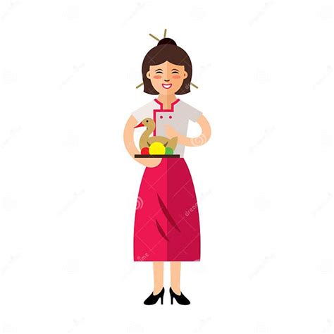 Vector Waitress With Peking Duck Flat Style Colorful Cartoon