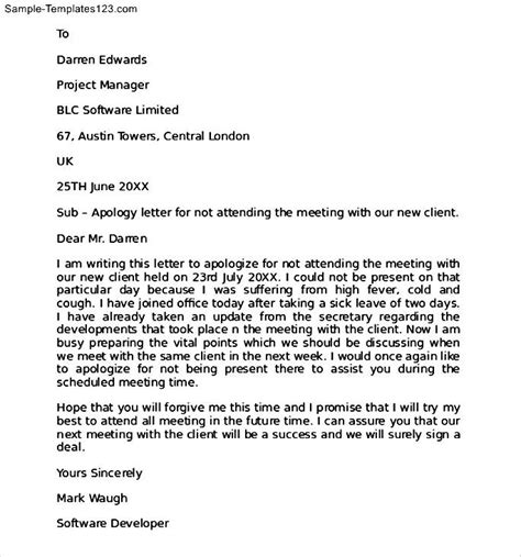 Letter Of Apology For Not Attending A Meeting