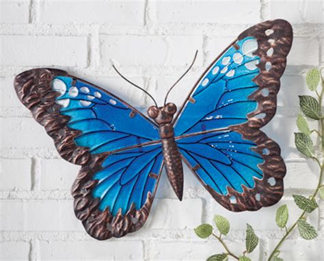 New 16 Wall Art Butterfly Blue Glass And Metal Garden Art