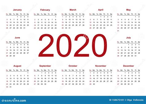 Calendar 2020 Week Starts From Sunday Business Template Stock Vector