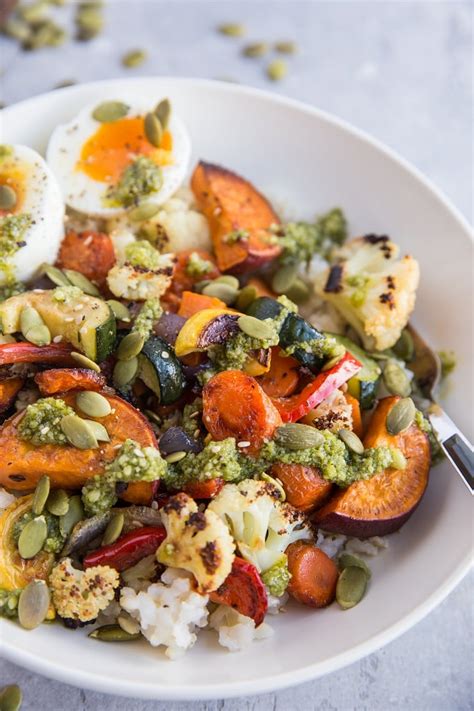 Roasted Vegetable Rice Bowls With Jammy Egg And Pesto The Roasted Root