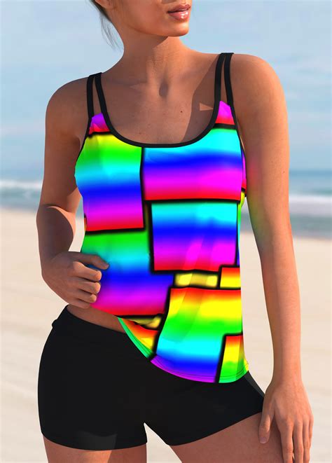 Rainbow Color Geometric Print Tankini Set Usd 3498
