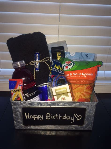 Do you have any ideas or plans? Birthday basket I made for my boyfriend with all his ...