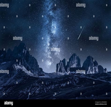 Milky Way Over Dreizinnen Hut In Tre Cime Dolomites Mountain Hiking