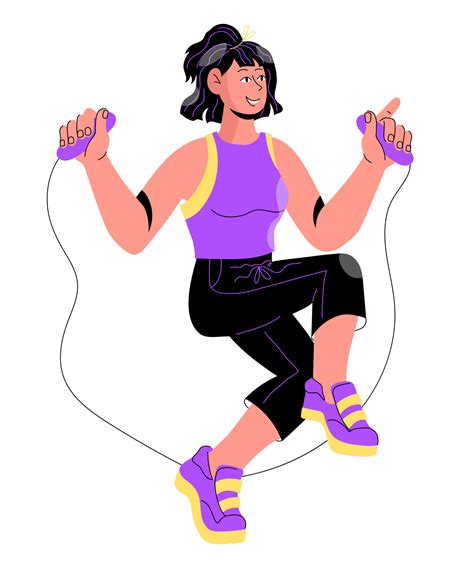 Young Woman Doing Sports Jumping With Jump Rope Flat Cartoon Vector