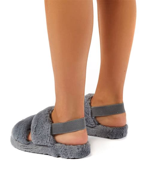 Lullaby Grey Fluffy Strap Back Slippers Public Desire