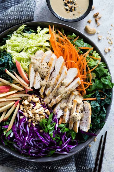 Top with the sliced chicken, cheese, and hazelnuts. Asian Chicken Salad with Ginger Sesame Dressing - Jessica ...