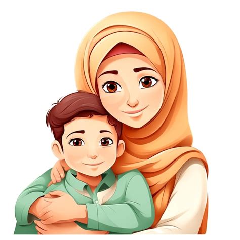 Premium Ai Image Muslim Mother Hugging Her Son Cartoon On White Background By Ai Generated