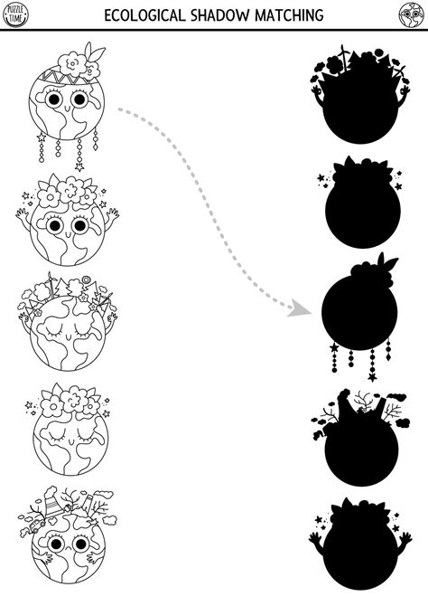 Ecological black and white shadow matching activity with cute planets
