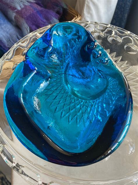Vintage Blenko Glass Amoeba Cigar Ashtray Freeform Mcm Cobalt Turquoise Blue Sea Waves Design