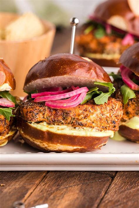 Smoked Blackened Salmon Sliders With Wasabi Mayo And Pickled Red Onions