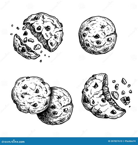 Hand Drawn Sketch Style Chocolate Chip Cookies Set Single Whole And