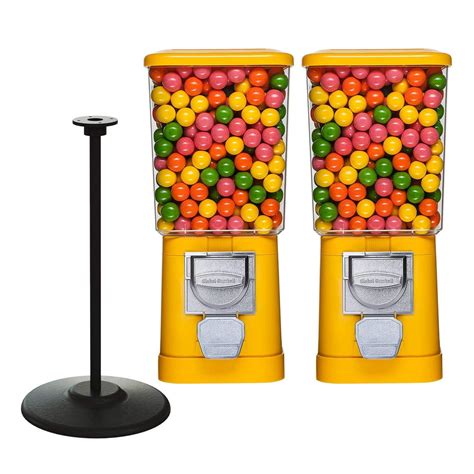 gumball machine with stand 2 yellow vending machines and stand with connecting board candy