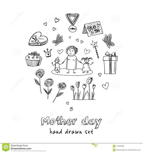 Mother Day Hand Drawn Doodle Set Sketches Vector Illustration For Design And Packages Product