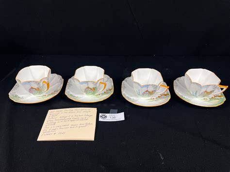 Very Rare Art Deco Shelley Tea Cups And Saucers In The Queen Anne Shape