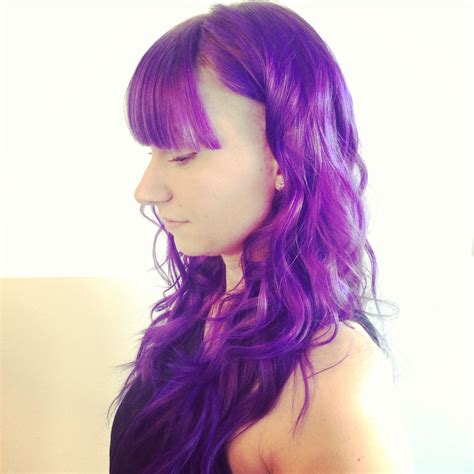 Purple Hair Bangs Curls And Shaved Side Hair Purple Hair Long