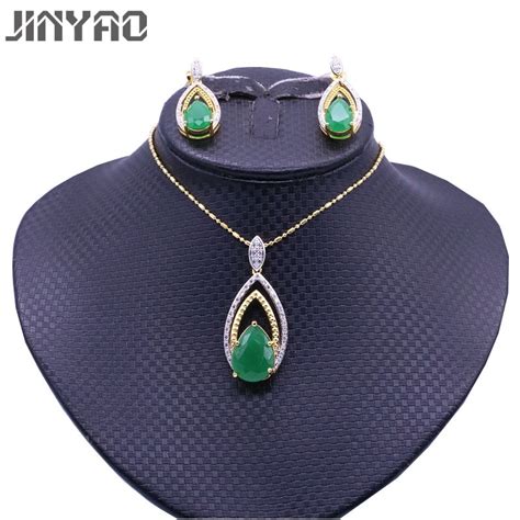 Jinyao Fashion Double Gold Color Jewelry Set Water Drop Green Red Zircon Pendant Earrings For