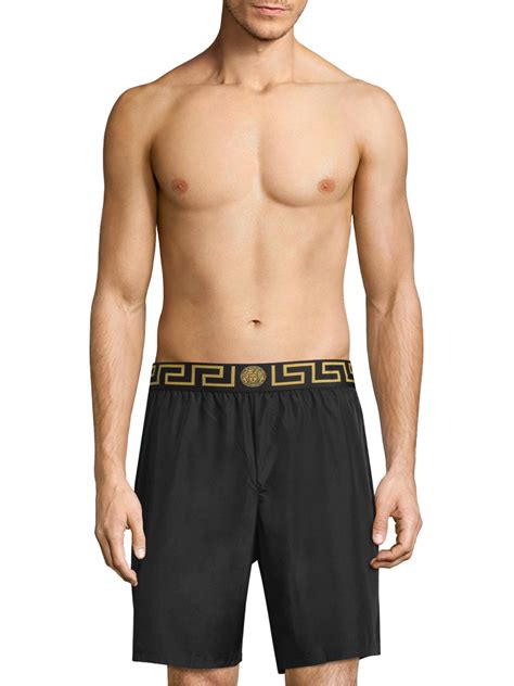 Versace Synthetic Printed Signature Swim Trunks In Black Gold Black