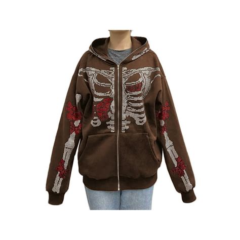 Jyyybf Y2k Skeleton Full Zip Up Hoodies Over Face Women Men Rhinestone