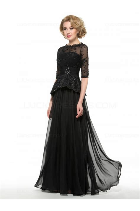 Long Black 34 Length Sleeves Lace Chiffon Mother Of The Bride Dresses