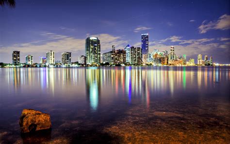 Miami Florida Usa Ocean Skyscrapers Buildings City Night