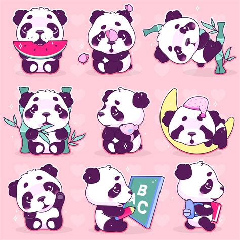 Conjunto De Caracteres De Vector De Dibujos Animados Lindo Panda Kawaii