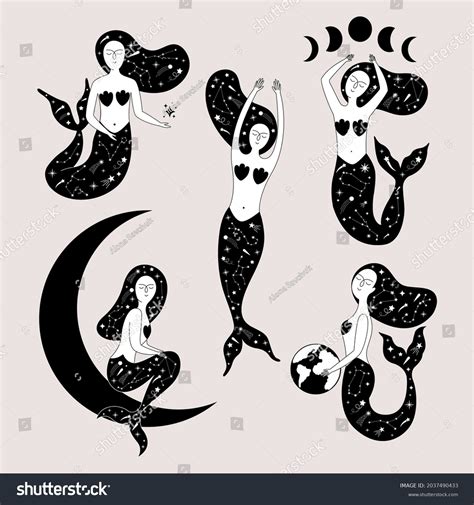 Magical Set Mermaids Stars Zodiac Signs Stock Vector Royalty Free