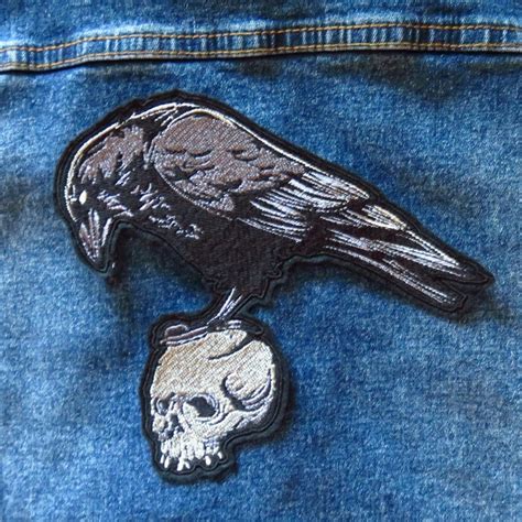 Large Raven On Skull Iron On Patch Blackbird Crow Gothic Etsy
