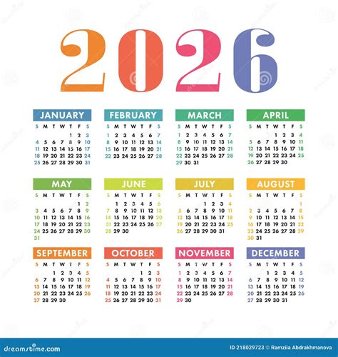Calendar 2026 12 Months Yearly Vector Calendar In Year 2026