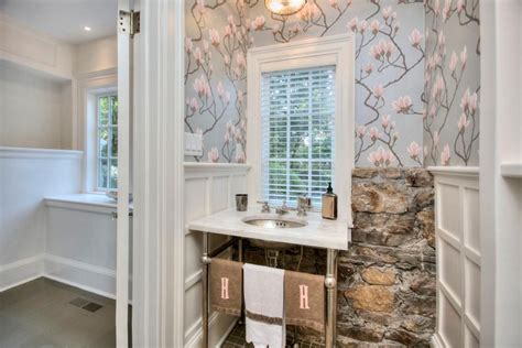 Transitional Powder Room With Floral Wallpaper And
