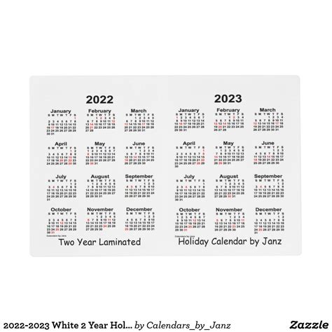 2022 2023 White 2 Year Holiday Calendar By Janz Placemat Zazzle