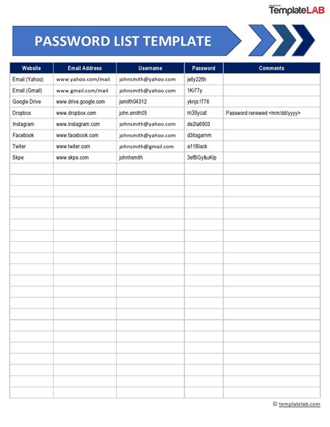 20 Best Password List Templates Word Excel And Pdf Templatelab